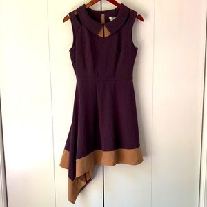 ESLEY ModCloth Purple Tan Peter Pan Collar Color Block Cutout Asymmetric Dress